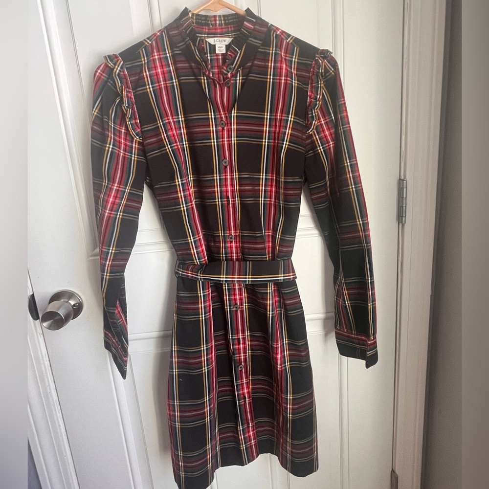 Jcrew tartan plaid tunic dress 6P petite belted ruffle prep holiday button front